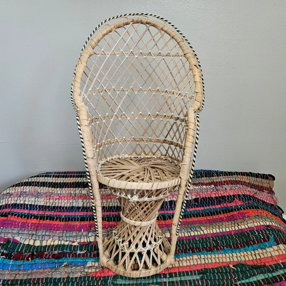 Mixed 4pc Wicker Rattan Lot Bundle Doll Chair Hot Pad Basket Tray Boho Farmhouse